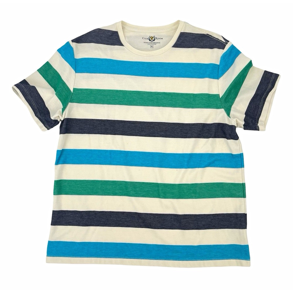 Club Room Mens XL Striped Shirt Blue Green Ivory Coastal Preppy Golf Performance